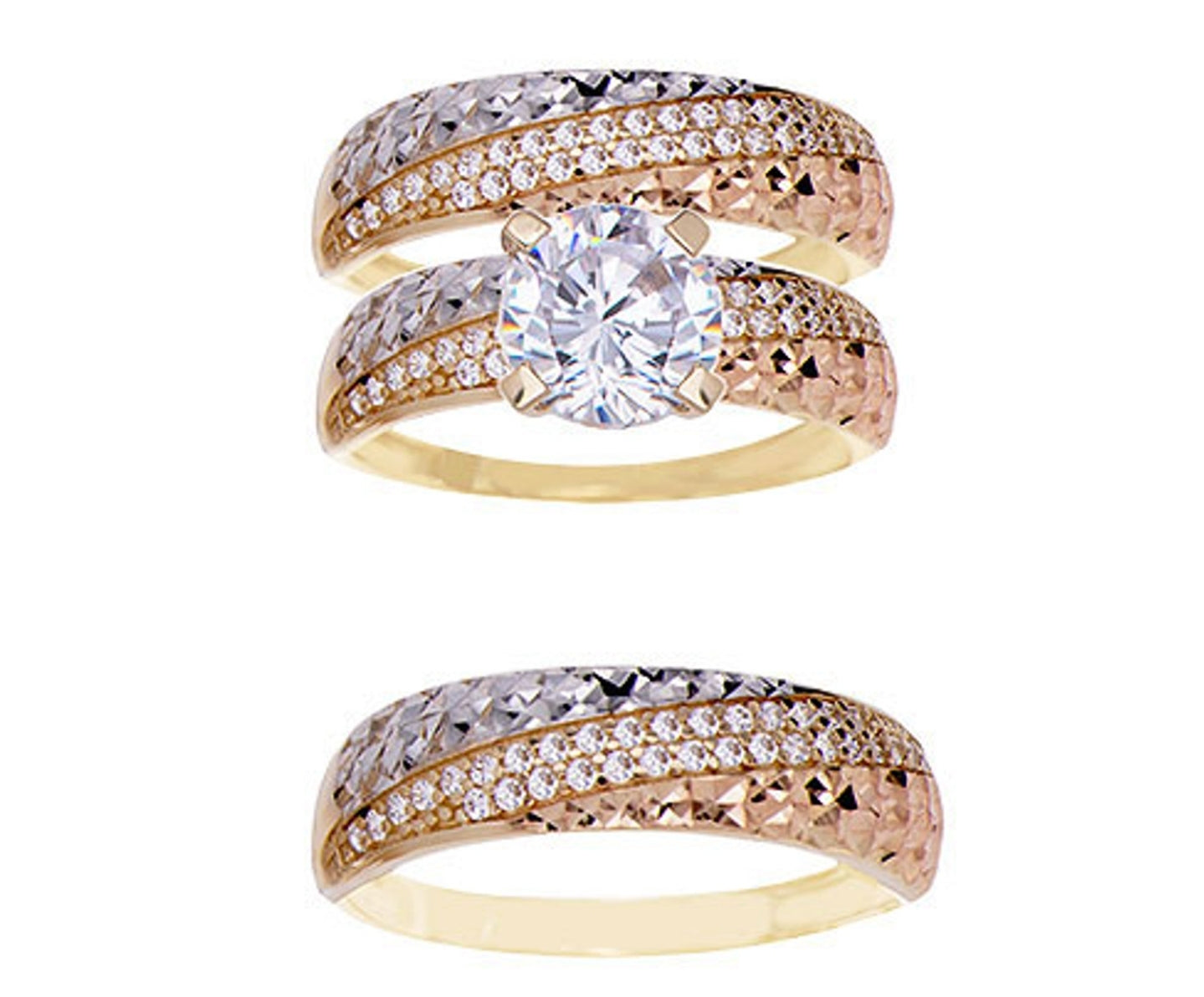 Engagement Trio Matching 3 Piece Set Rings CZ Tricolor Gold 14k