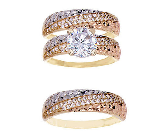 Engagement Trio Matching 3 Piece Set Rings CZ Tricolor Gold 14k