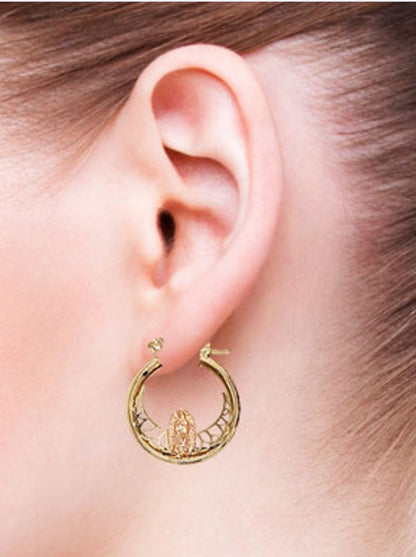 14K Yellow and Rose Gold Tube CZ Hoop Earring Virgin Guadalupe