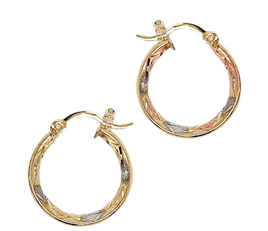 Tube Hoop Earring Channel CZ 14mm Inner Diameter Tricolor Gold 14k