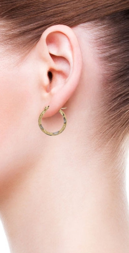 14K Tricolor Gold Tube Hoop Earring Channel CZ