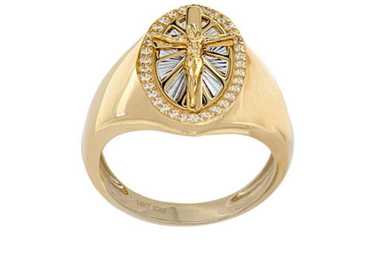 Religious Crucifix Men Ring CZ Yellow Gold 14k Size 10