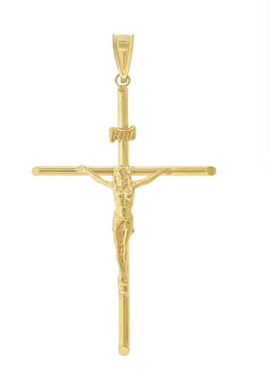 Crucifix Cross 2mm Thick Hollow Tube Pendant 37mm Yellow Gold 14k