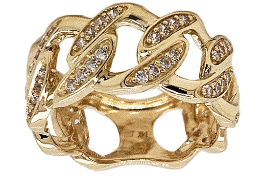 Cuban Links Band Ring CZ 9.5mm Width Yellow Gold 14k Size 10