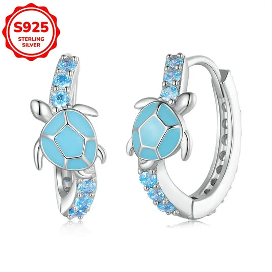 Pendientes de Tortuga Azul Ágil y Lindos de Plata 925, Adornos de Oreja Elegantes y Exquisitos