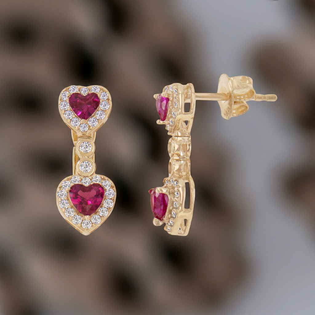 Double Heart Dangling Drop Push Back Stud Earring Red CZ Yellow Gold 14k