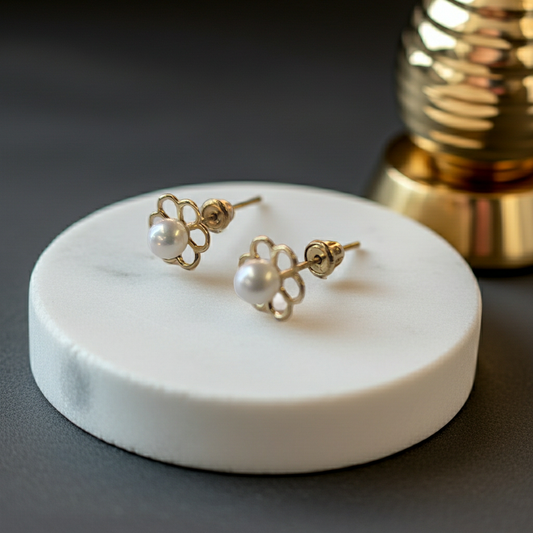 14K Gold Petals and Cultured Pearls Studs Screw Back Earrings