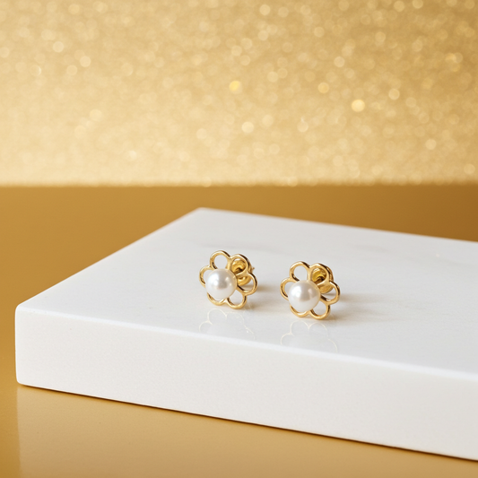 14K Gold Petals and Cultured Pearls Studs Screw Back Earrings