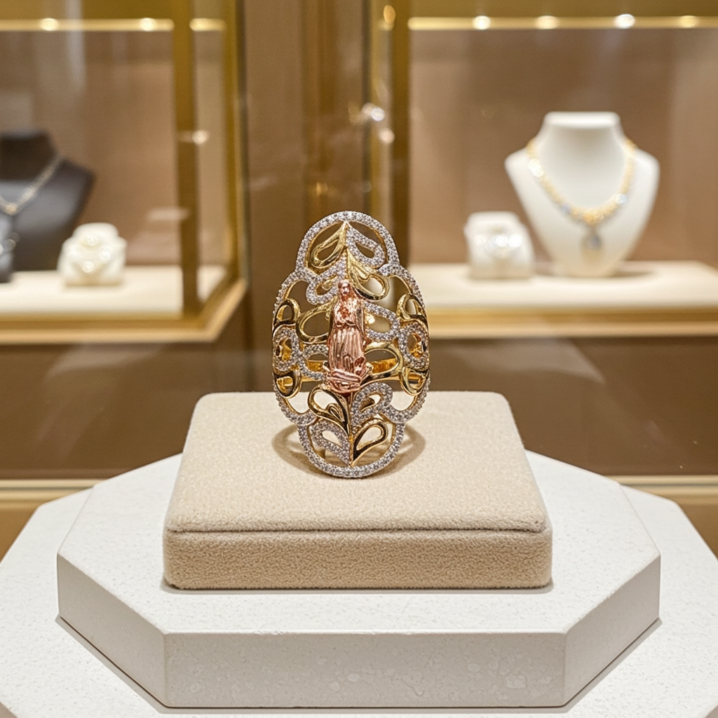 Guadalupe Large Oval Lady Ring Cubic Zirconia Tricolor Gold 14k Size 8