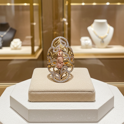 Guadalupe Large Oval Lady Ring Cubic Zirconia Tricolor Gold 14k Size 8