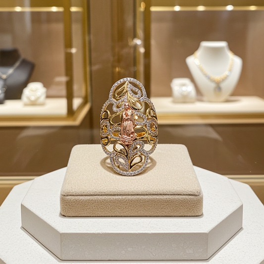 Guadalupe Large Oval Lady Ring Cubic Zirconia Tricolor Gold 14k Size 8