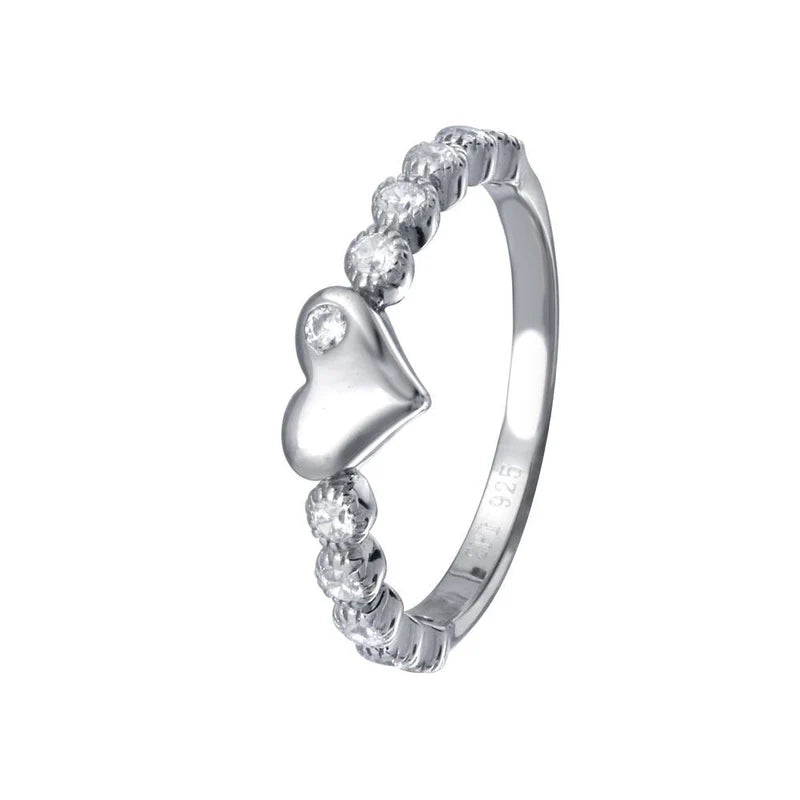 Rhodium Plated 925 Sterling Silver CZ Heart Bubble Shank Ring