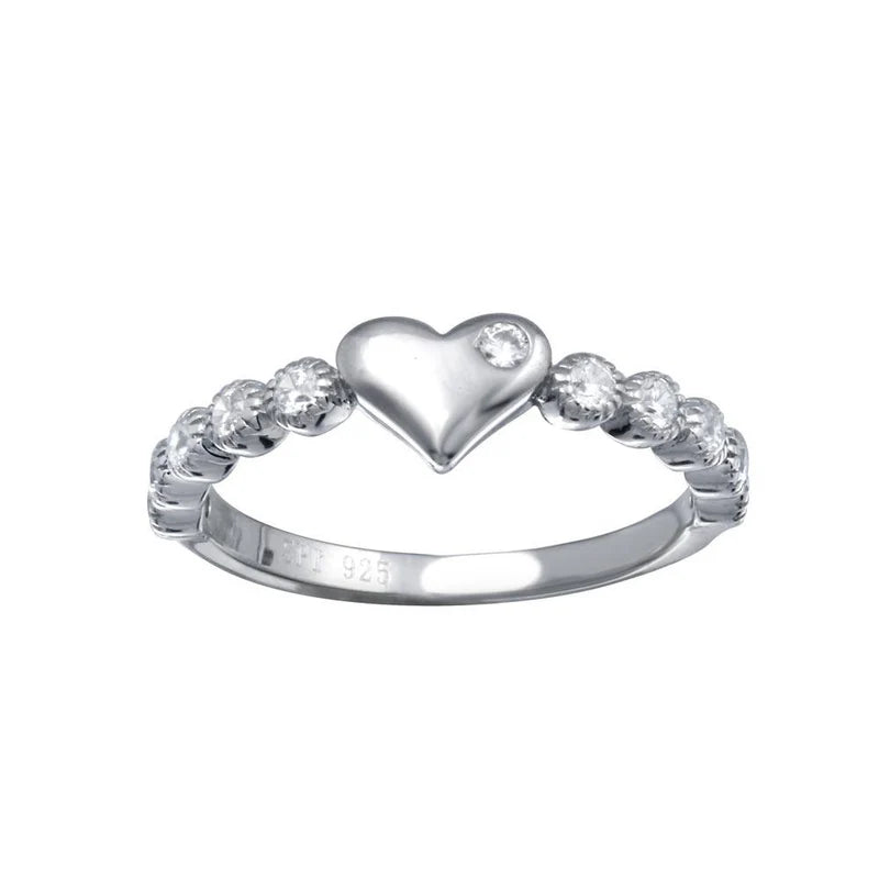 Rhodium Plated 925 Sterling Silver CZ Heart Bubble Shank Ring