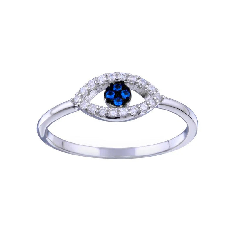 Rhodium Plated 925 Sterling Silver Blue and Clear CZ Evil Eye Ring