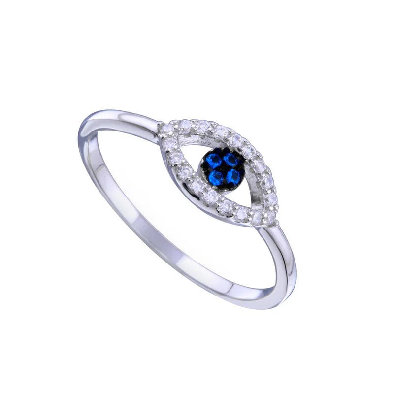 Rhodium Plated 925 Sterling Silver Blue and Clear CZ Evil Eye Ring