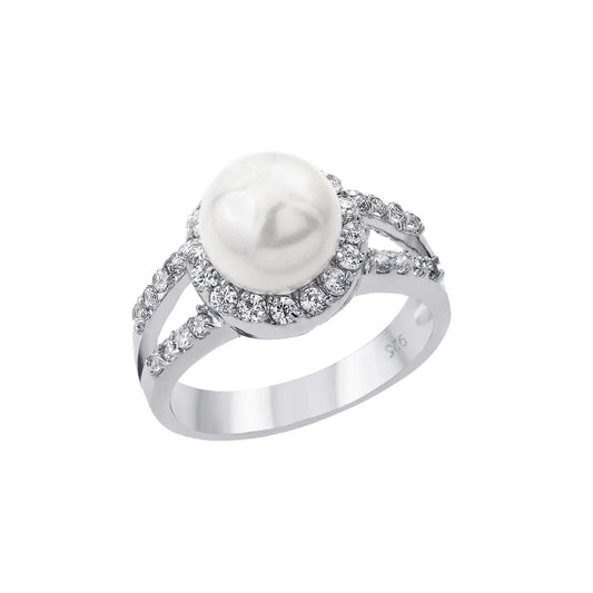 Silver 925 Rhodium Plated Clear Cluster CZ Synthetic Pearl Ring