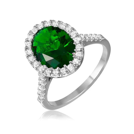 Silver 925 Rhodium Plated Green Oval Halo Ring with CZ Stones