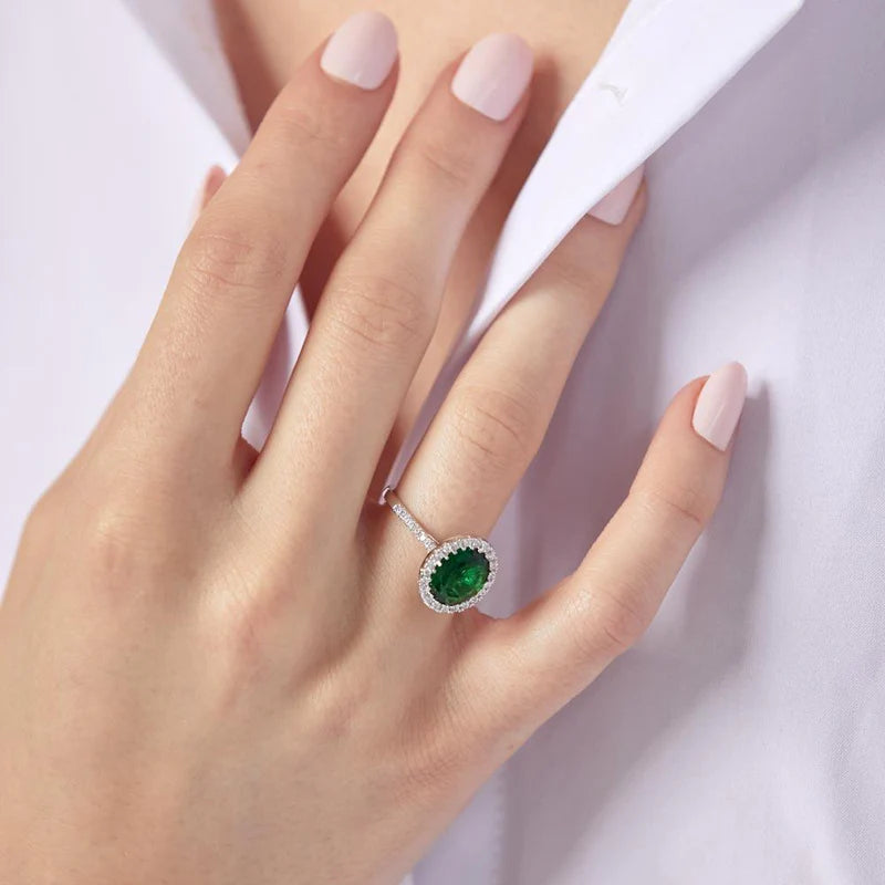 Silver 925 Rhodium Plated Green Oval Halo Ring with CZ Stones