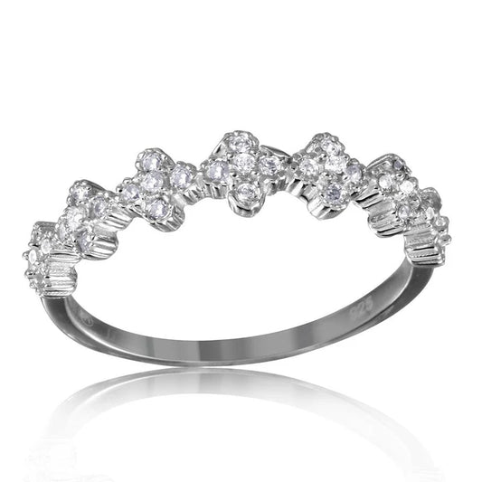 Silver 925 Rhodium Plated Clover Band with Clear CZ Stones