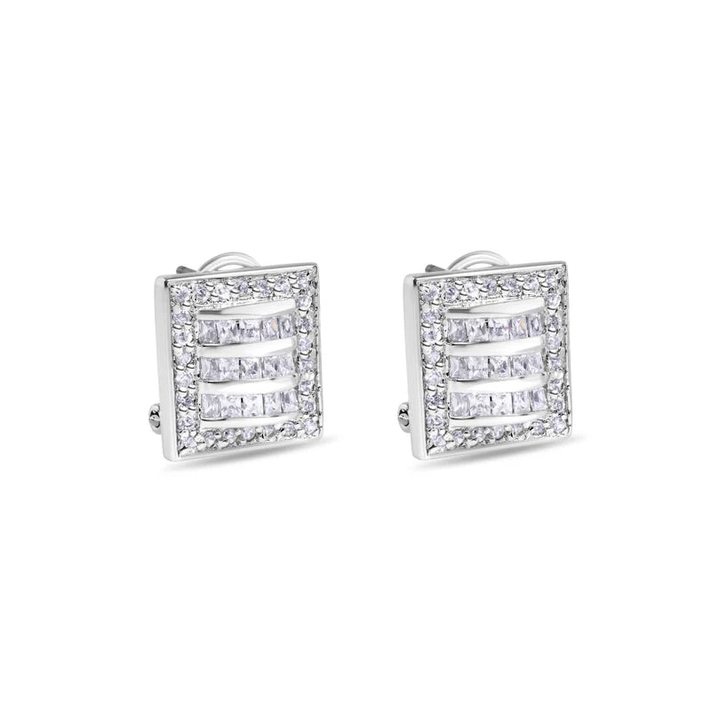 925 Sterling Silver Square Linear Design Clear CZ