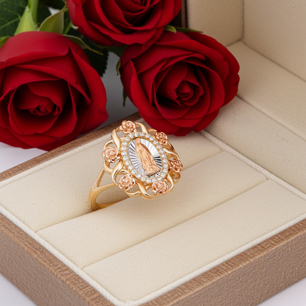 Guadalupe Rose Oval Lady Ring CZ Tricolor Gold 14k Size 8