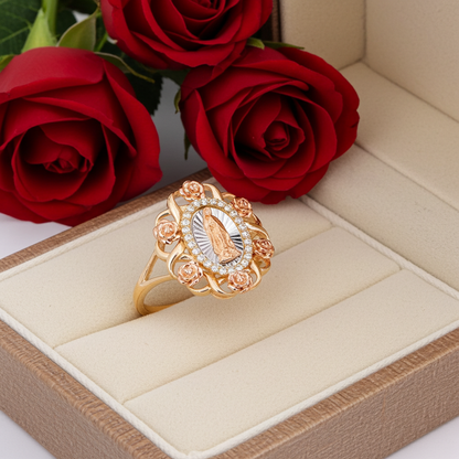 Guadalupe Rose Oval Lady Ring CZ Tricolor Gold 14k Size 8