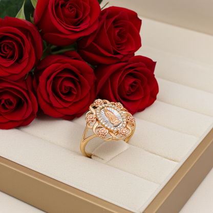 Guadalupe Rose Oval Lady Ring CZ Tricolor Gold 14k Size 8
