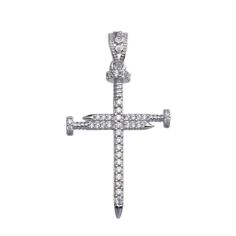 Rhodium Plated 925 Sterling Silver Nail Cross CZ Pendant