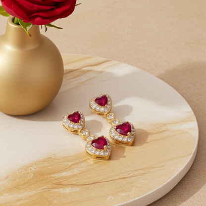 Double Heart Dangling Drop Push Back Stud Earring Red CZ Yellow Gold 14k