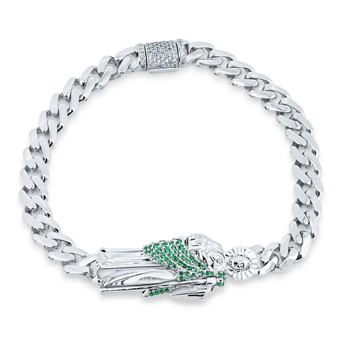 Rhodium Plated 925 Sterling Silver St Jude Green CZ Cuban 6.5mm Bracelet