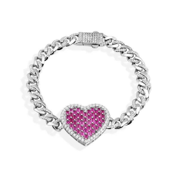 Rhodium Plated 925 Sterling Silver 6.4mm Heart Baguette Pink and Round Clear CZ Studded Bracelet + Chain Set