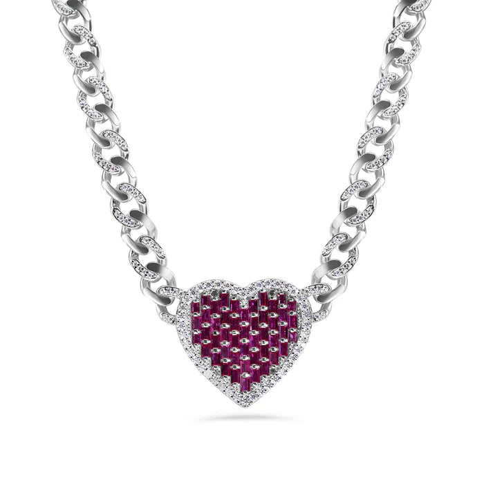 Rhodium Plated 925 Sterling Silver 6.4mm Heart Baguette Pink and Round Clear CZ Studded Bracelet + Chain Set