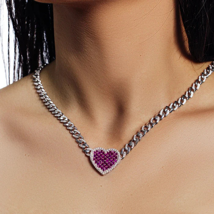 Rhodium Plated 925 Sterling Silver 6.4mm Heart Baguette Pink and Round Clear CZ Studded Bracelet + Chain Set