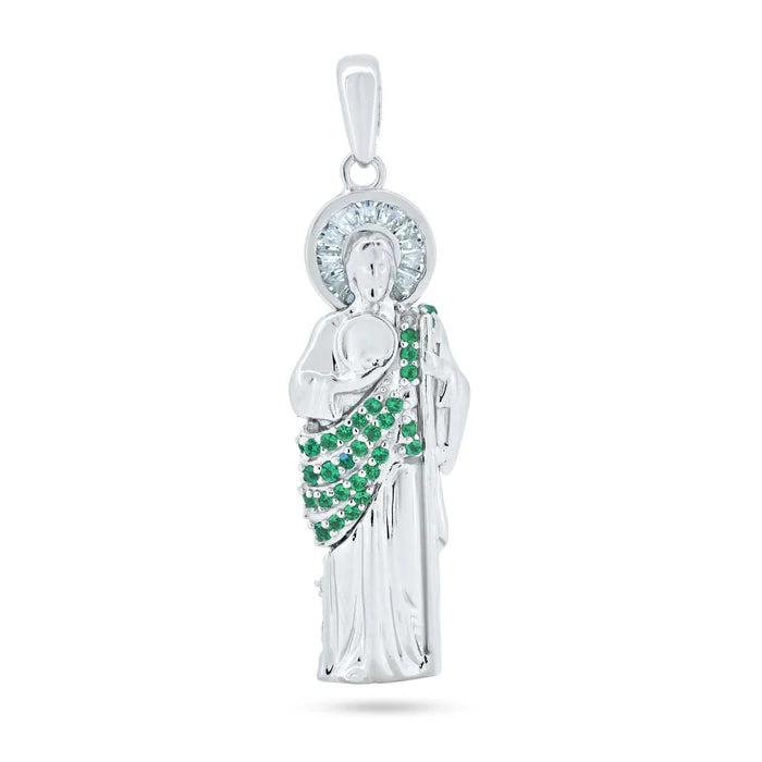 Rhodium Plated 925 Sterling Silver Green CZ St Jude Pendant