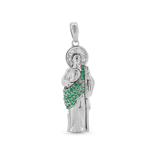 Rhodium Plated 925 Sterling Silver Green CZ St Jude Pendant