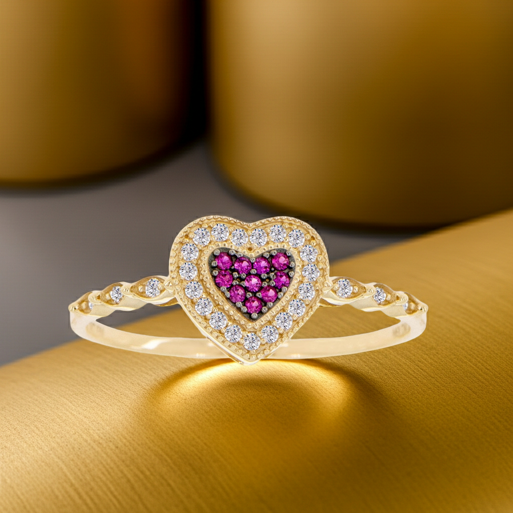 Small Heart LadyRing Red CZ Yellow Gold 14k Size 8