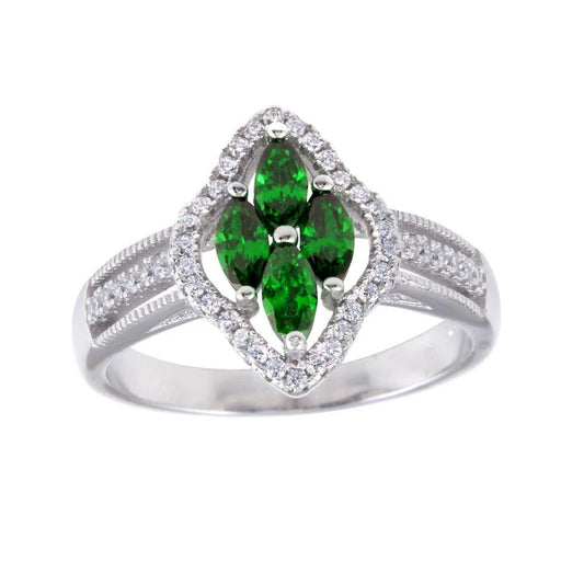 Anillo de plata 925 chapado en rodio con 4 circonitas centrales de marquesa Verde