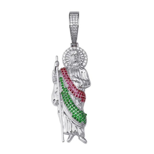 Rhodium Plated 925 Sterling Silver Multi Color CZ St Jude Hip Hop Pendant