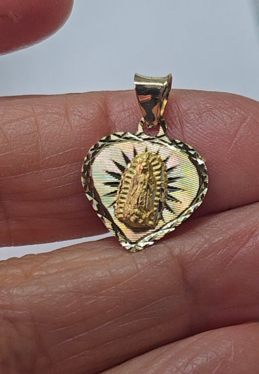 14K Gold Heart Virgin Mary Pendant - Dige Virgen de Guadalupe Corazón Oro 14K