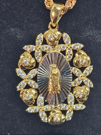 Virgin Guadalupe Pendant CZ Yellow and White Gold 14k