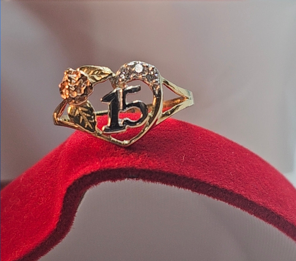14K Gold Heart w/Flower Quinceañera Ring - Anillo de 15 Años 14k