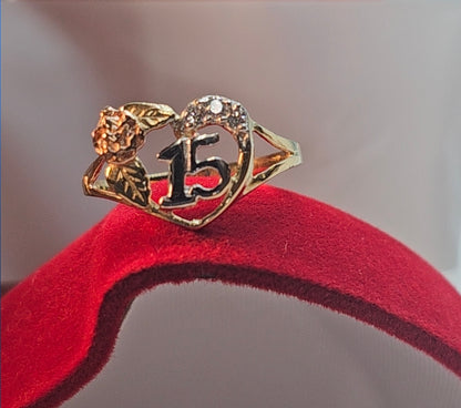 14K Gold Heart w/Flower Quinceañera Ring - Anillo de 15 Años 14k