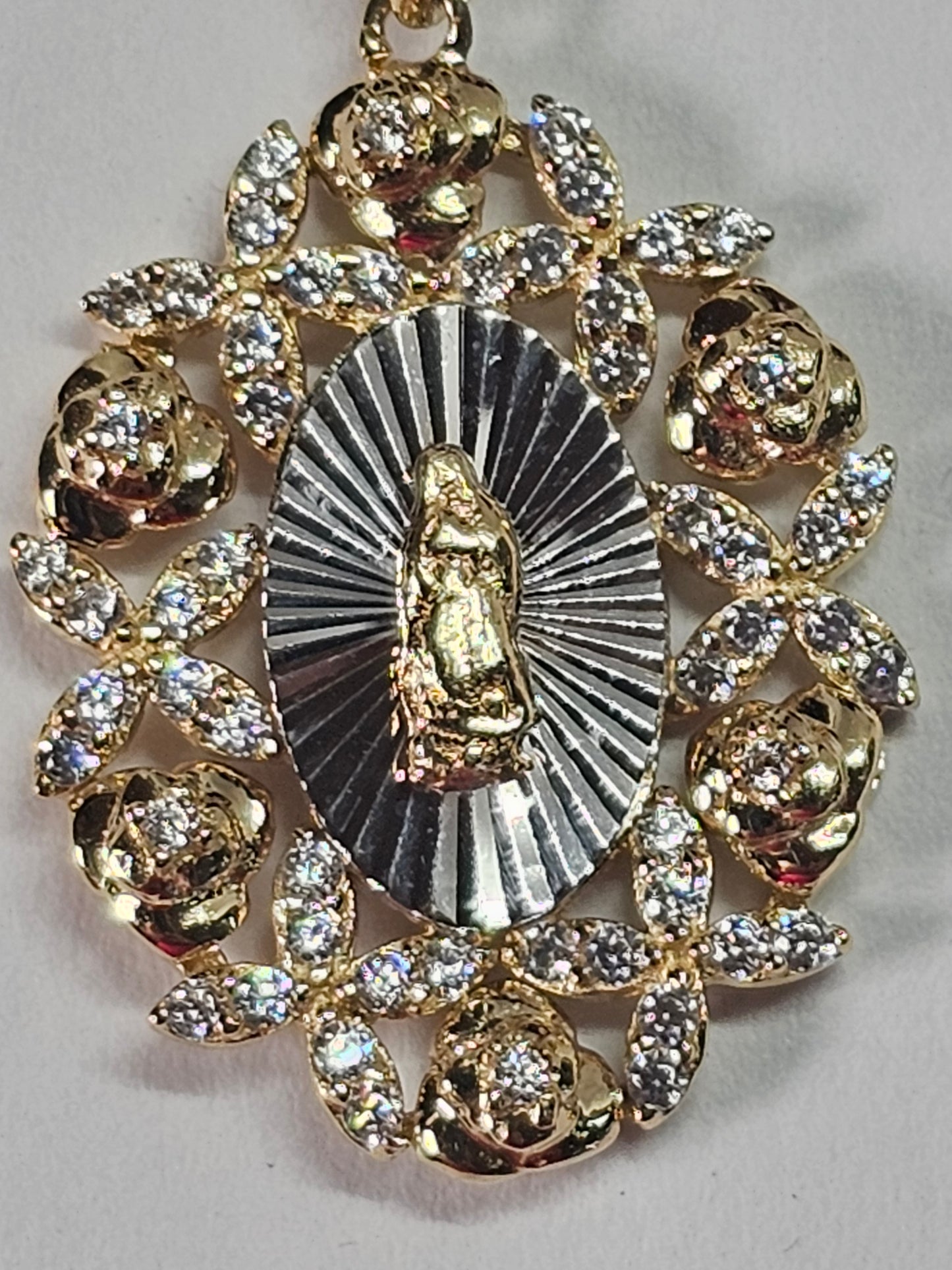 Virgin Guadalupe Pendant CZ Yellow and White Gold 14k