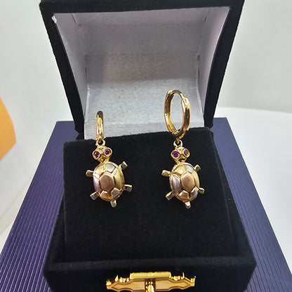 Turtle Tortoise Dangling Earring Lab Gems Tricolor Gold 14k