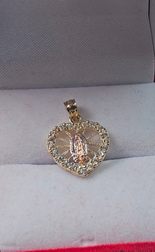 14K Gold Heart Virgin Mary Pendant - Dige Virgen de Guadalupe Corazón Oro 14K