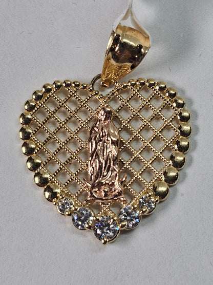 14K Gold Virgin Mary Heart Pendant - Dige Virgen de Guadalupe en forma de Corazon 14K