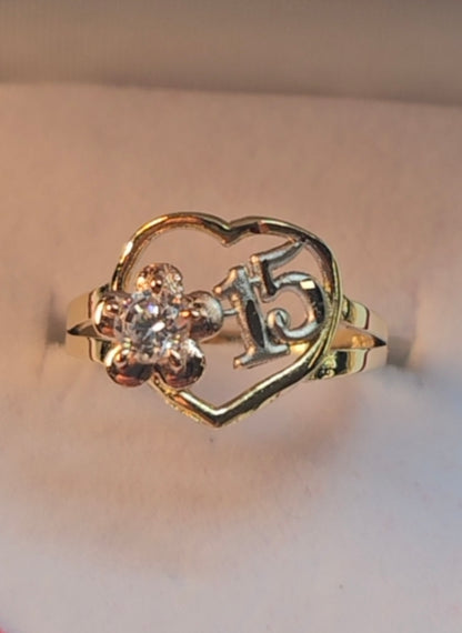 14K Gold Heart w/Flower Quinceañera Ring - Anillo de 15 Años 14k