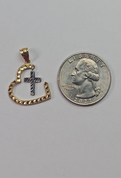 14K 2-Tone Heart and Cross Pendant