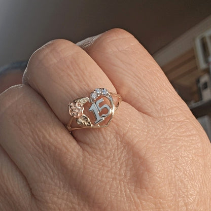 14K Gold Heart w/Flower Quinceañera Ring - Anillo de 15 Años 14k