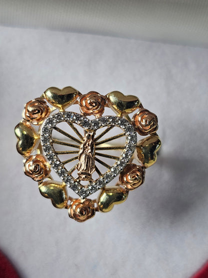 14K Tricolor Gold Virgin Mary Heart Ring - Anillo 14K de Oro Virgen de Guadalupe en forma de Corazon